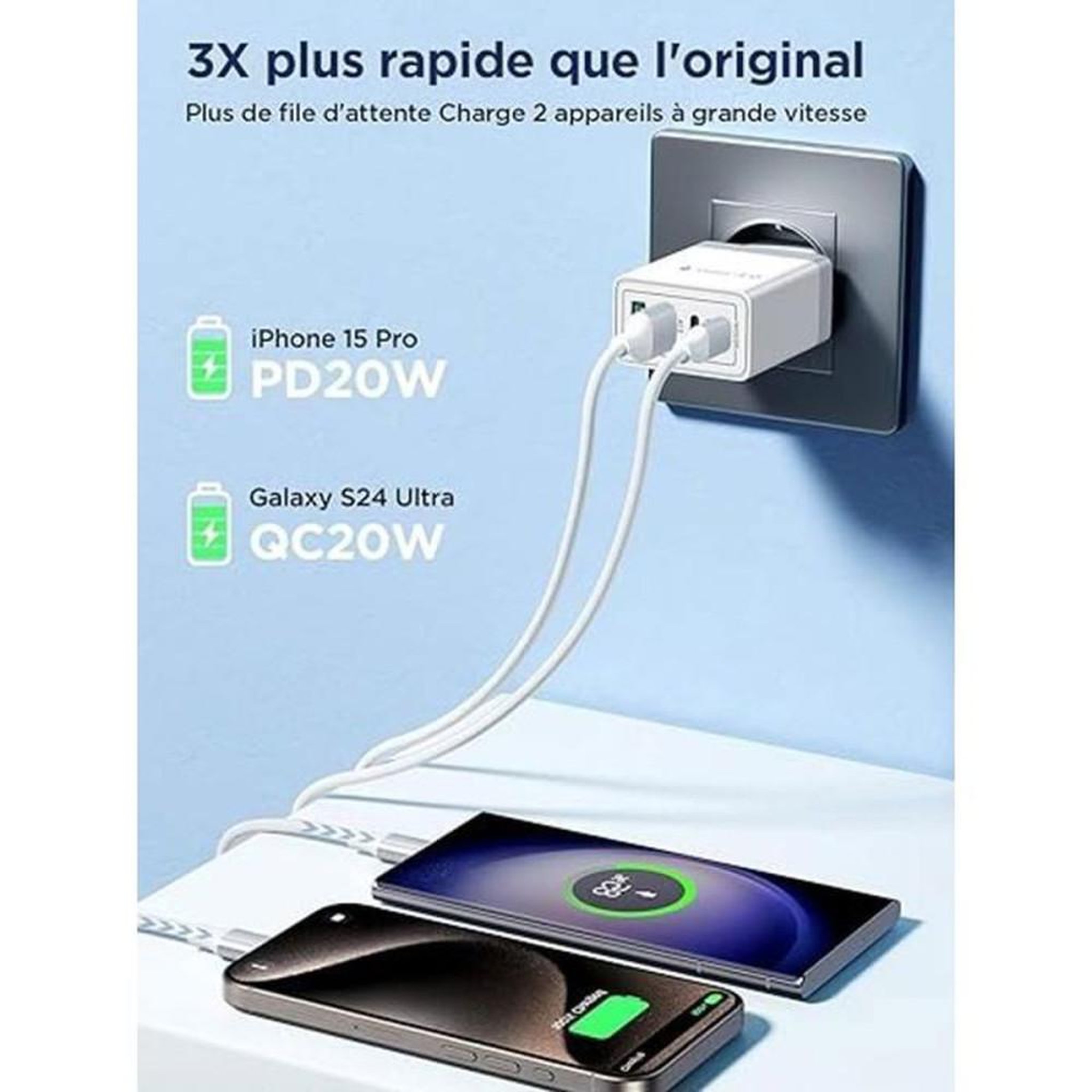 Voir la diapositive 2 : Chargeur USB-C 40W 4 ports blanc, 2 USB-C PD20W et 2 USB-A, charge rapide pour 4 appareils