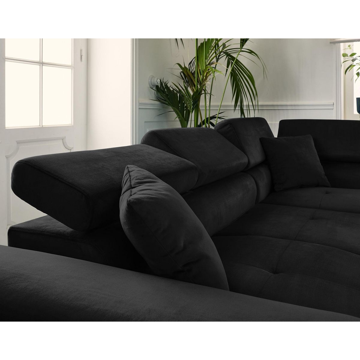 BEST MOBILIER Dimas - canapé d'angle droit 5 places - convertible avec coffre et têtières réglables - en velours