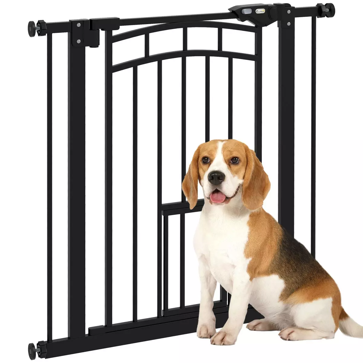 PAWHUT Barrière de sécurité chien, barrière d'escalier à fixation par pression sans percer, porte fermeture automatique, système de double verrouillage, 74 à 80 cm, acier, Noir