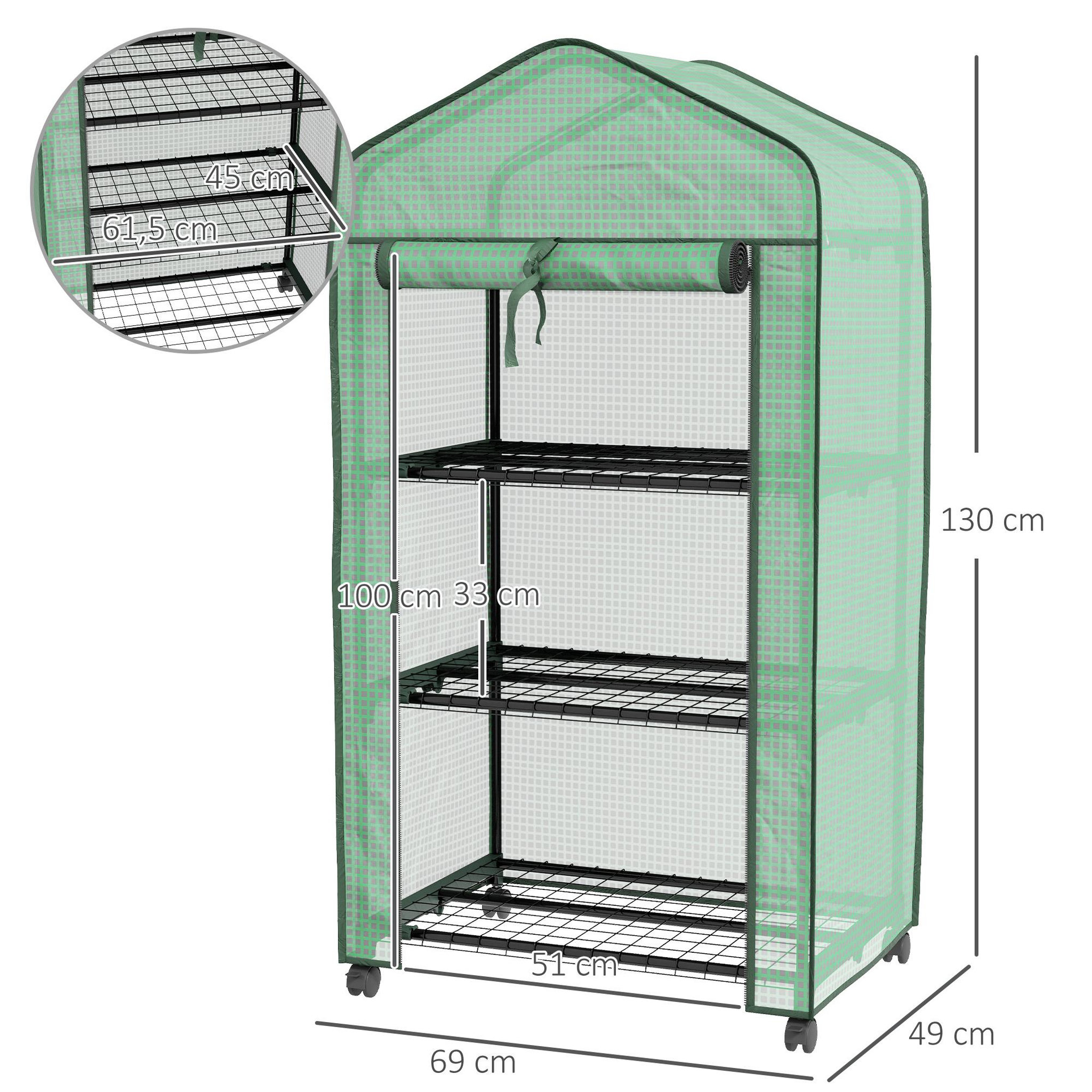 Voir la diapositive 3 : OUTSUNNY Mini serre de jardin 3 étagères porte enroulable 4 roulettes PE