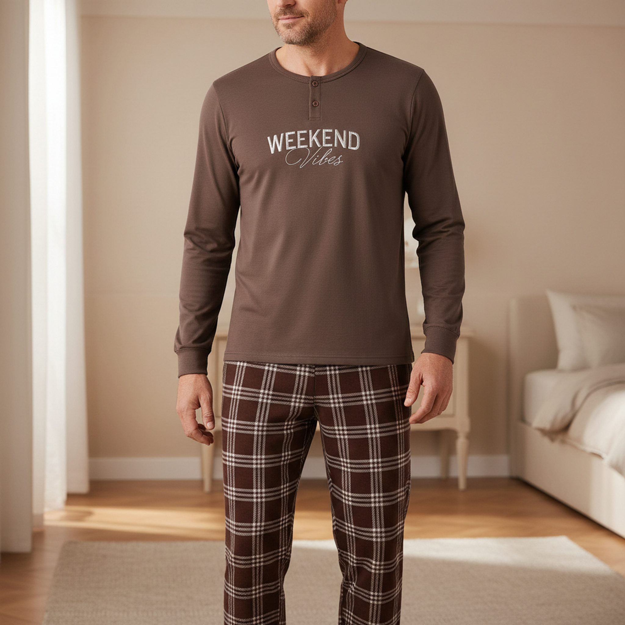 Voir la diapositive 2 : OZABI Ozabi ensemble pyjama homme doublé polaire broderie weekend vibes