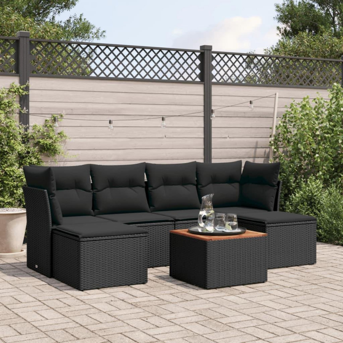 VIDAXL Salon de jardin 7 pcs avec coussins noir resine tressee