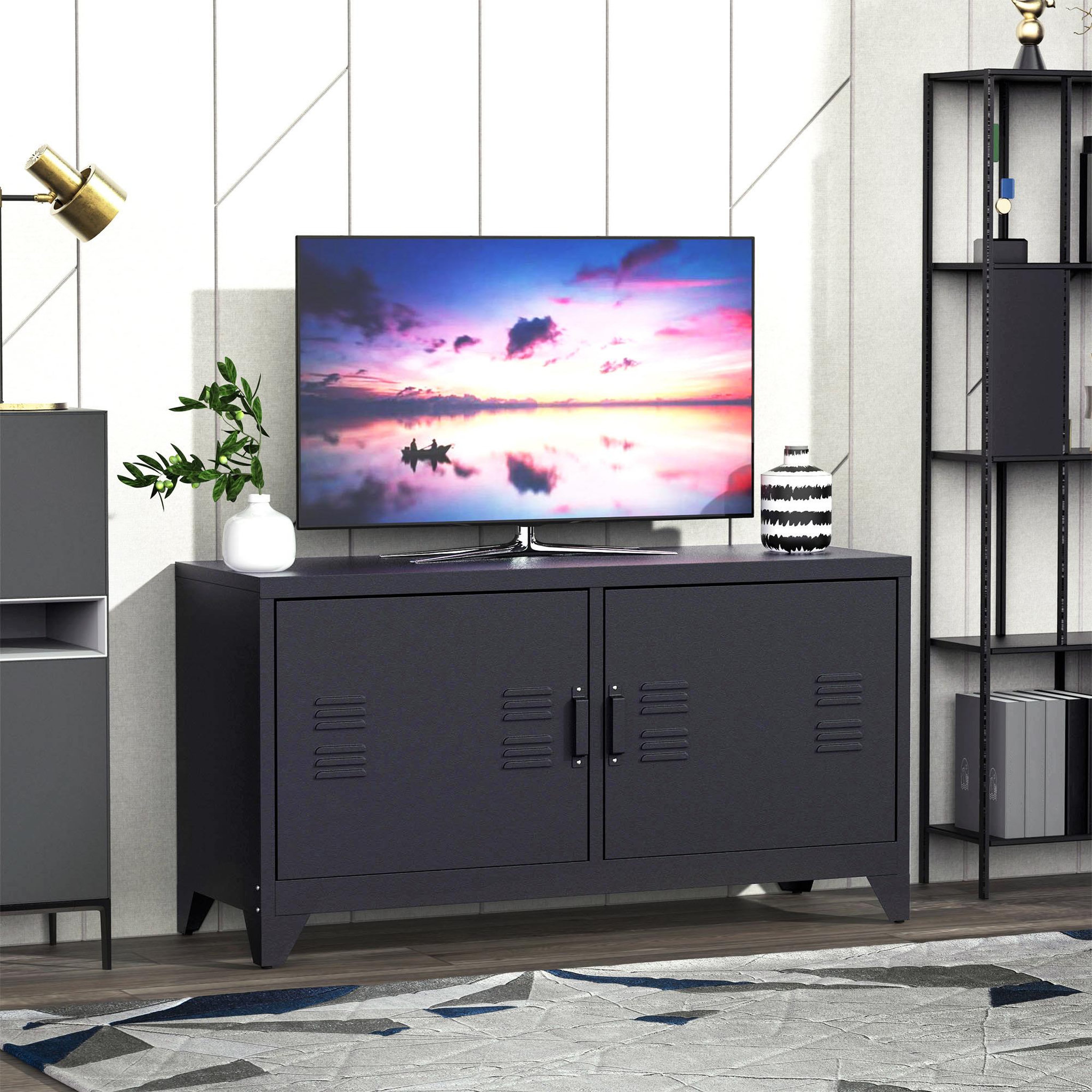 Voir la diapositive 2 : HOMCOM Meuble TV banc TV design industriel - 2 placards, 2 étagères, 4 passe-fils - tôle métal noir