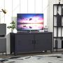 Voir la diapositive 2 : HOMCOM Meuble TV banc TV design industriel - 2 placards, 2 étagères, 4 passe-fils - tôle métal noir