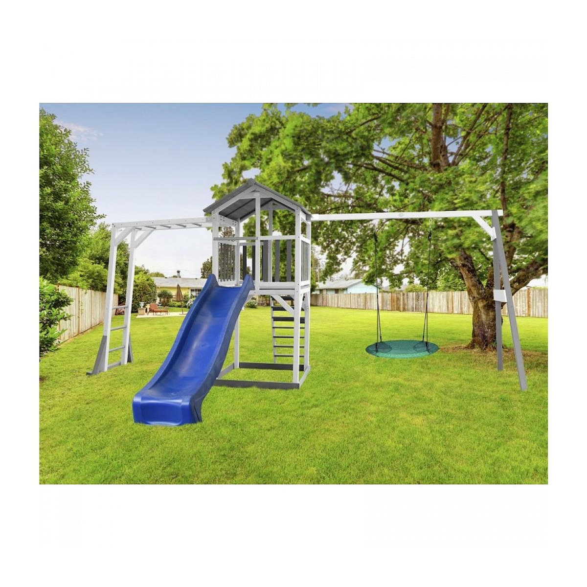 Axi House AXI Structure de jeu Beach Tower Gris Blanc cadre escalade balancoire Nid Summer et Toboggan Bleu