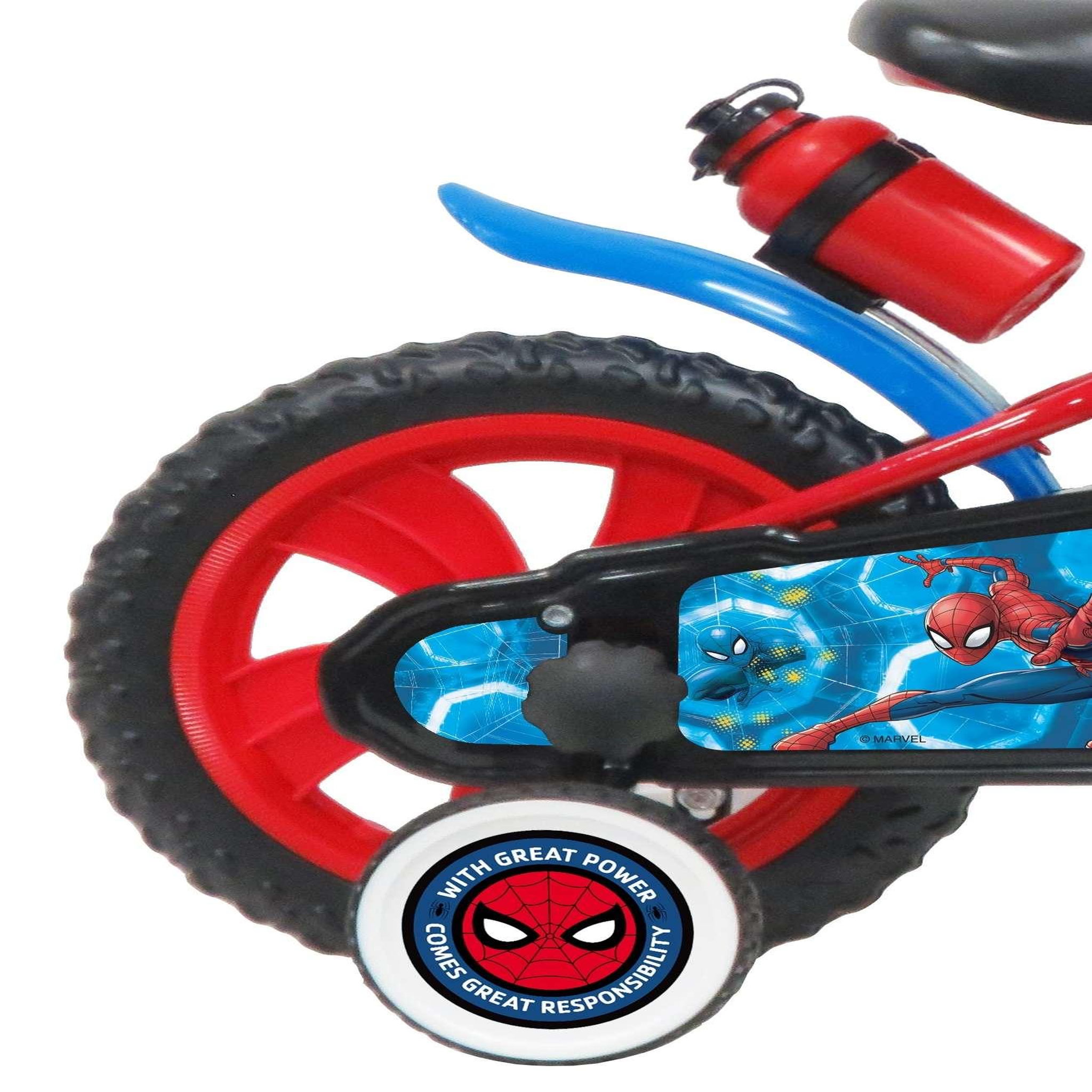 Voir la diapositive 2 : Marvel Vélo enfant 12'' - Modèle Spiderman pour enfant de 85 à 100 cm avec stabilisateurs à molettes - Plaque décorative avant - Porte bidon - 1 frein et roues bâtons