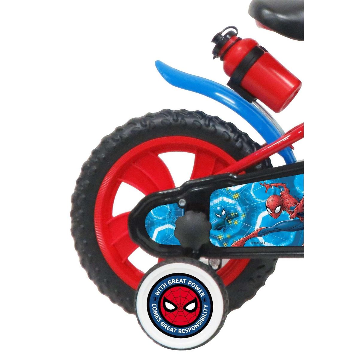 Marvel Vélo enfant 12'' - Modèle Spiderman pour enfant de 85 à 100 cm avec stabilisateurs à molettes - Plaque décorative avant - Porte bidon - 1 frein et roues bâtons