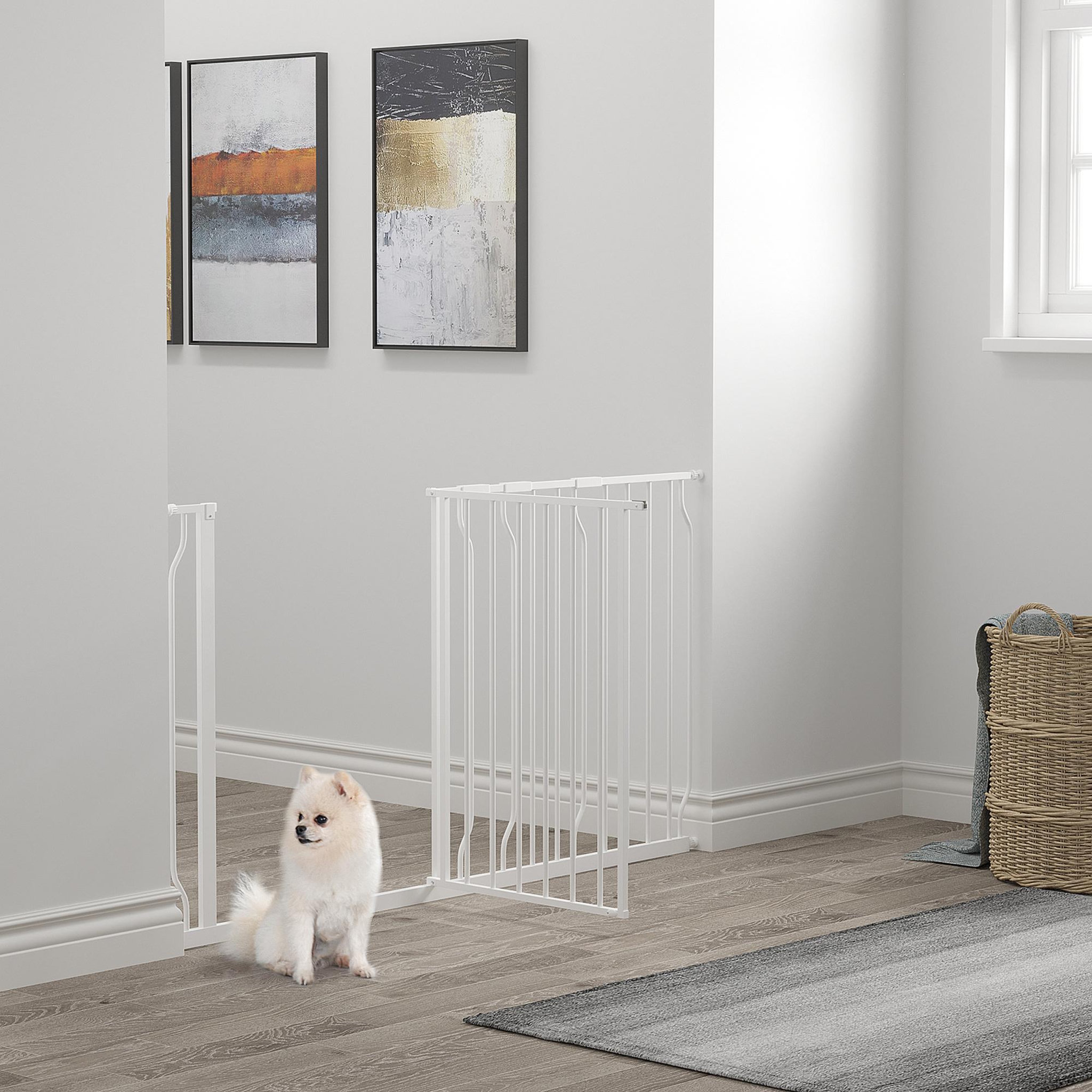 Voir la diapositive 2 : PAWHUT Barrière de sécurité animaux - longueur réglable dim. 75-145 cm - porte double verrouillage, ouverture double sens -sans perçage - acier abs blanc