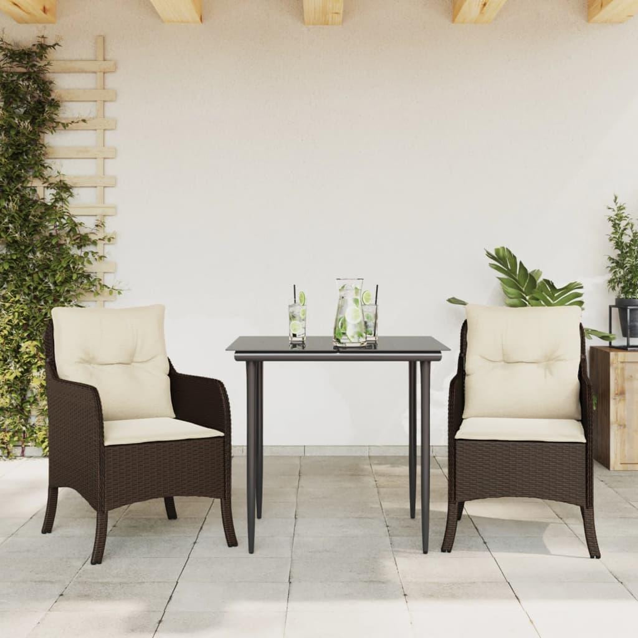 VIDAXL Ensemble a manger de jardin 3 pcs et coussins marron poly rotin