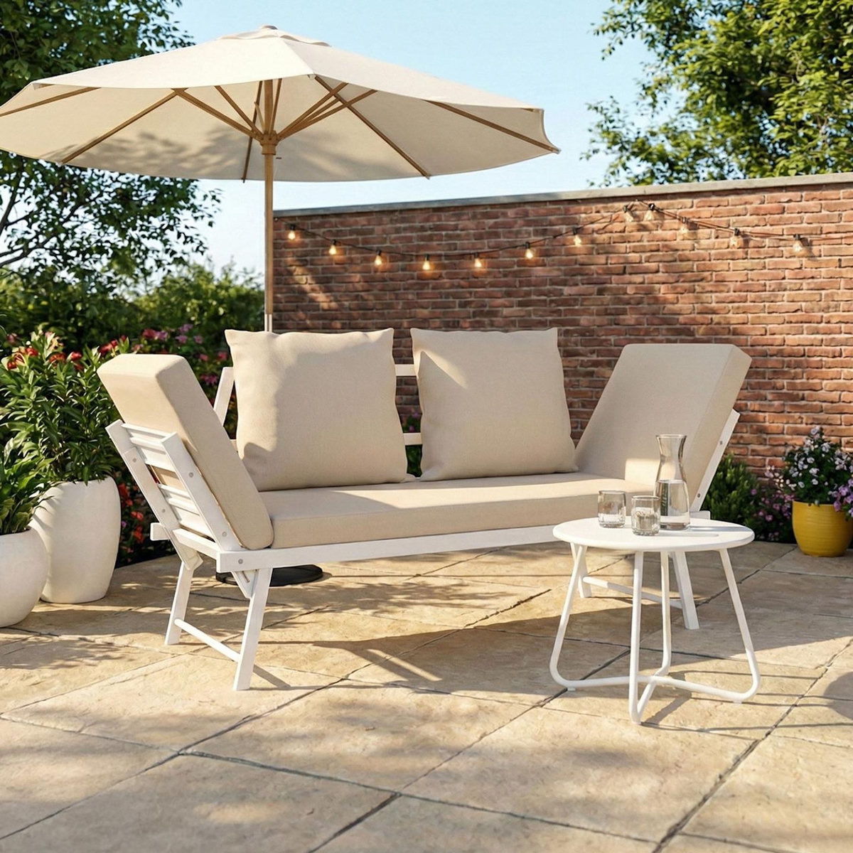 ID MARKET Canapé de jardin, banquette convertible NOLA 2/3 places avec accoudoirs inclinables métal blanc et coussins beige