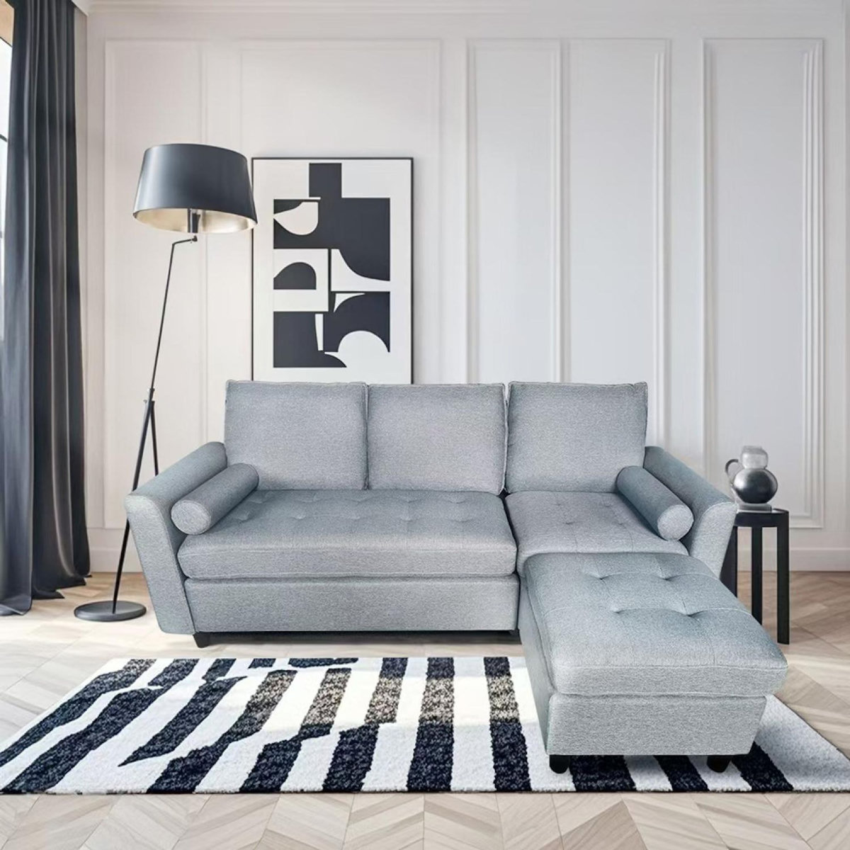 CONCEPT USINE Canapé 3 places en tissu avec pouf gris clair COVENTRY