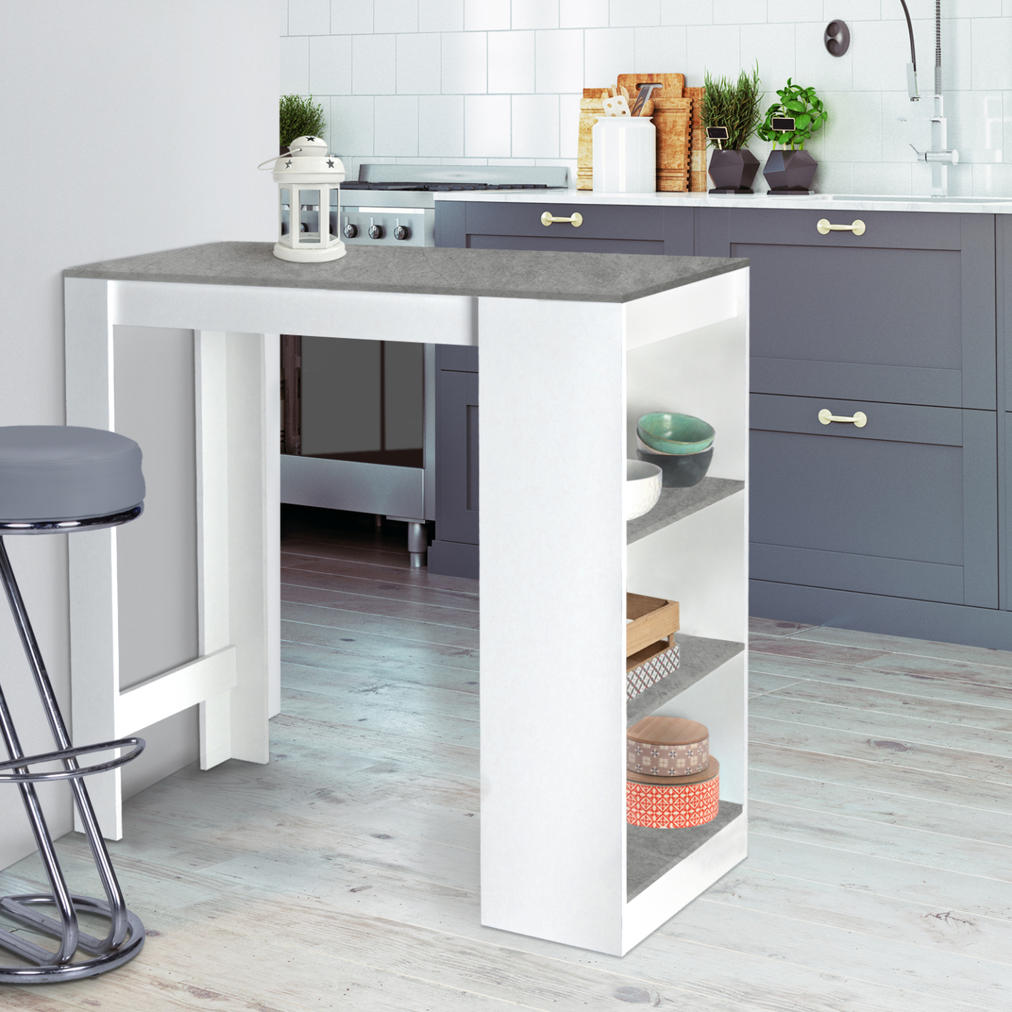 Voir la diapositive 2 : ID MARKET Table de bar barth 2 à 4 personnes bois blanc plateau effet béton