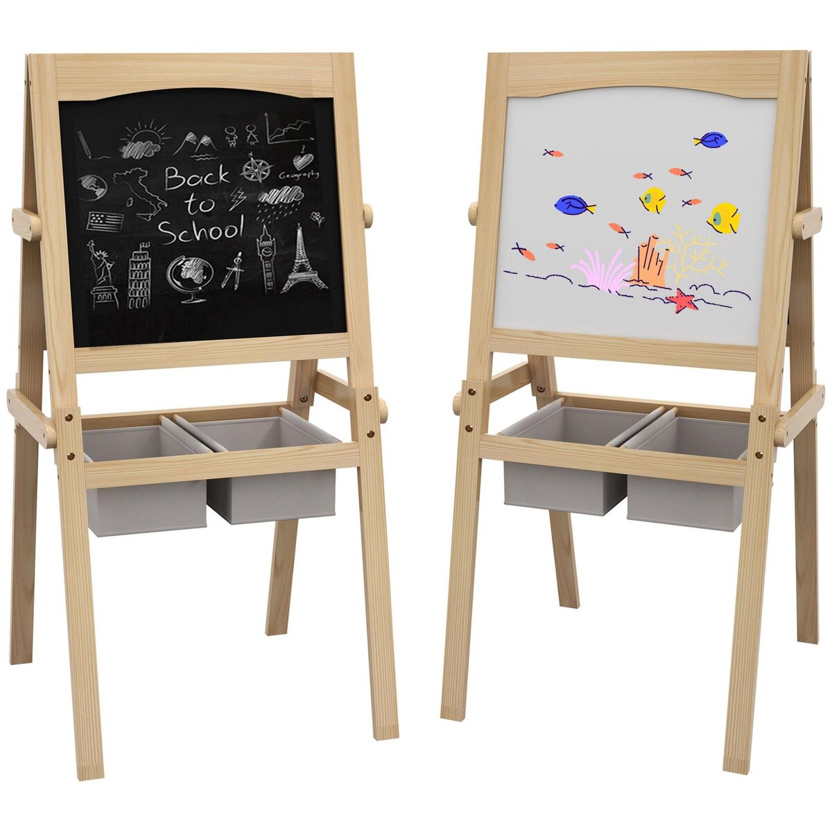HOMCOM Tableau enfant - chevalet enfant - ardoise double face - tableau blanc tableau à craie - rouleau papier, 2 paniers rangement - MDF pin