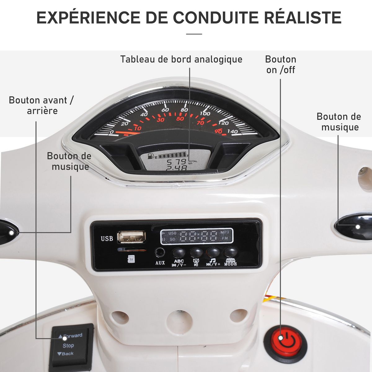 HOMCOM Scooter moto électrique enfants 6 V dim. 102L x 51l x 76H cm musique MP3 port USB klaxon phare feu AR blanc Vespa