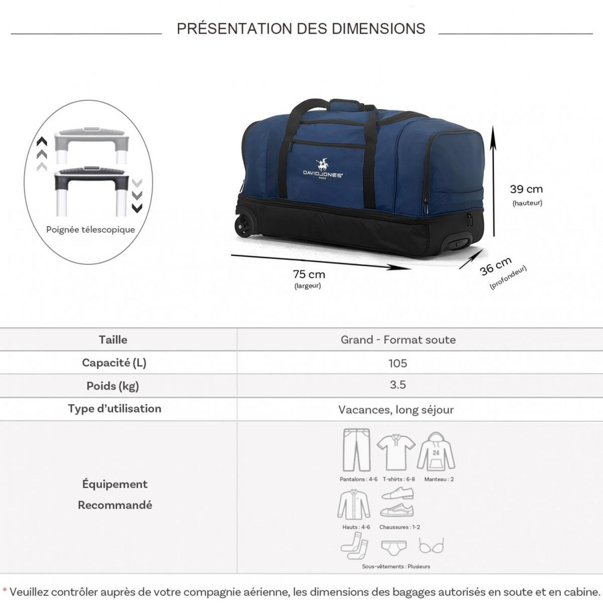 David Jones Sac de voyage à roulettes 105L double compartiment 75cm
