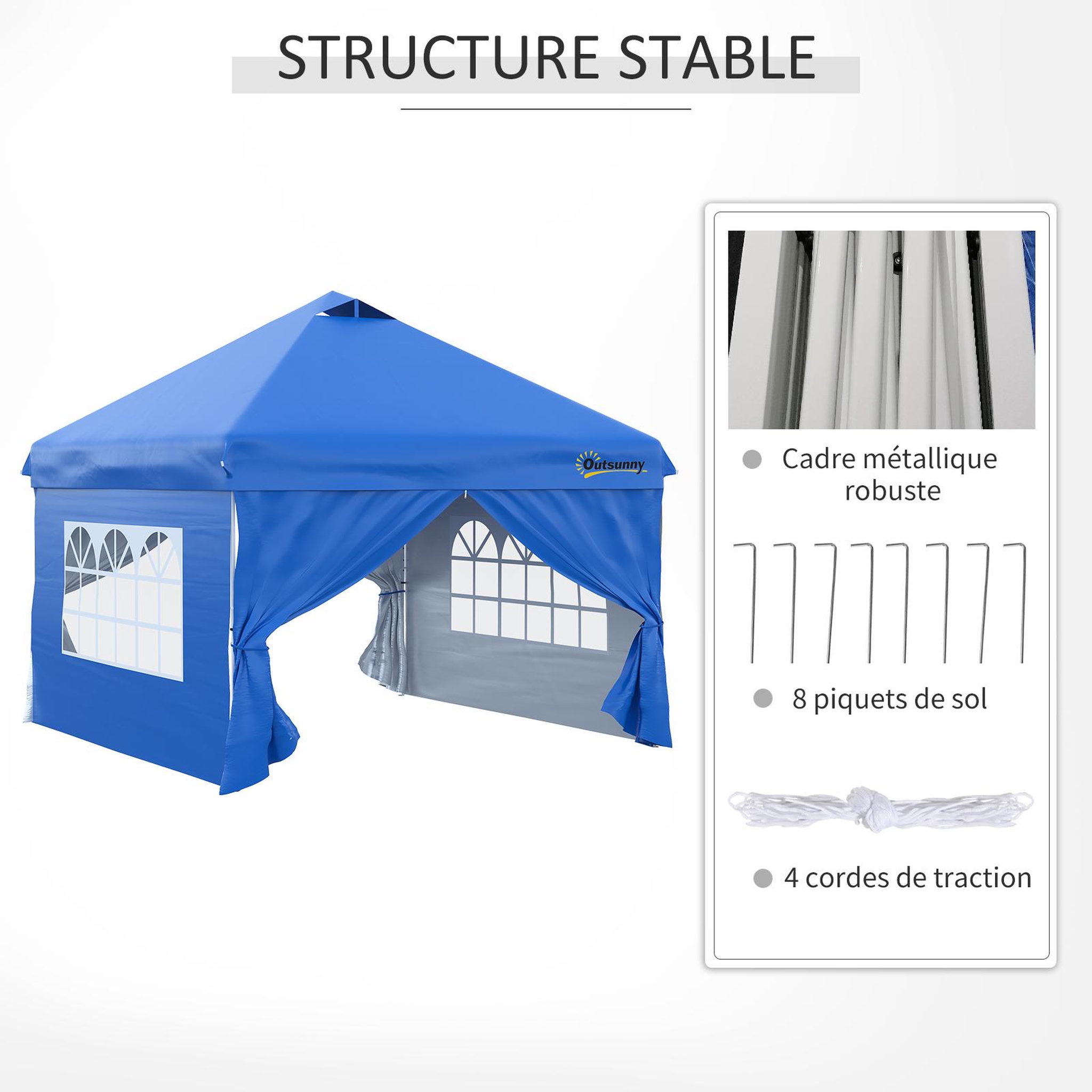 Voir la diapositive 5 : OUTSUNNY Tonnelle barnum pliant pop-up 3L x 3l x 2,84H m 4 parois latérales amovibles 2 fenêtres + sac de transport métal Oxford bleu