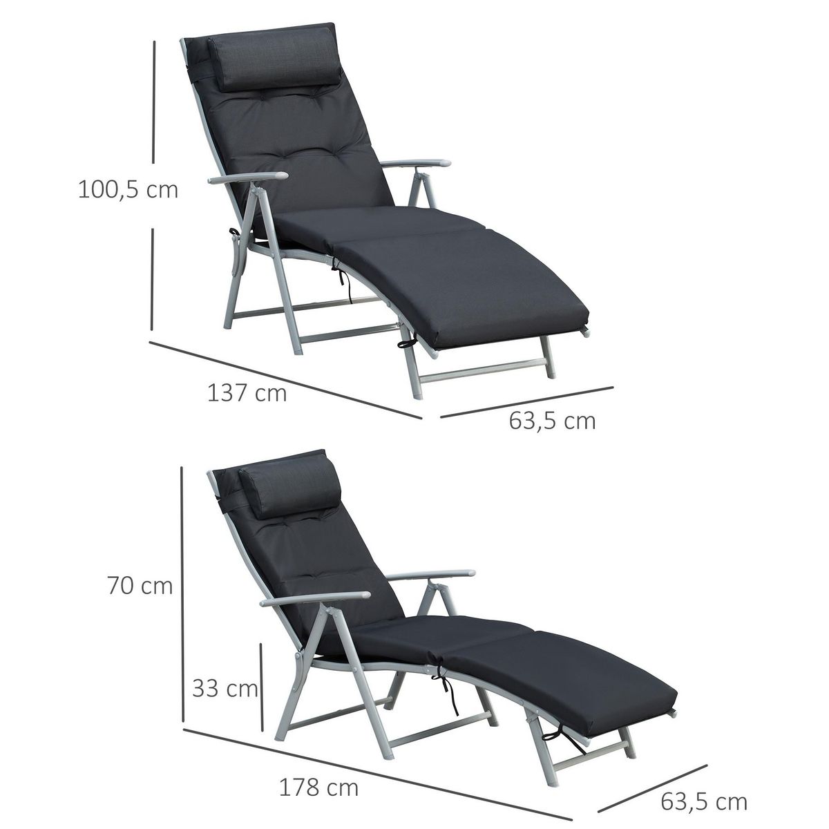 OUTSUNNY Bain de soleil pliable transat inclinable 7 positions chaise longue grand confort avec matelas + accoudoirs métal époxy textilène polyester noir