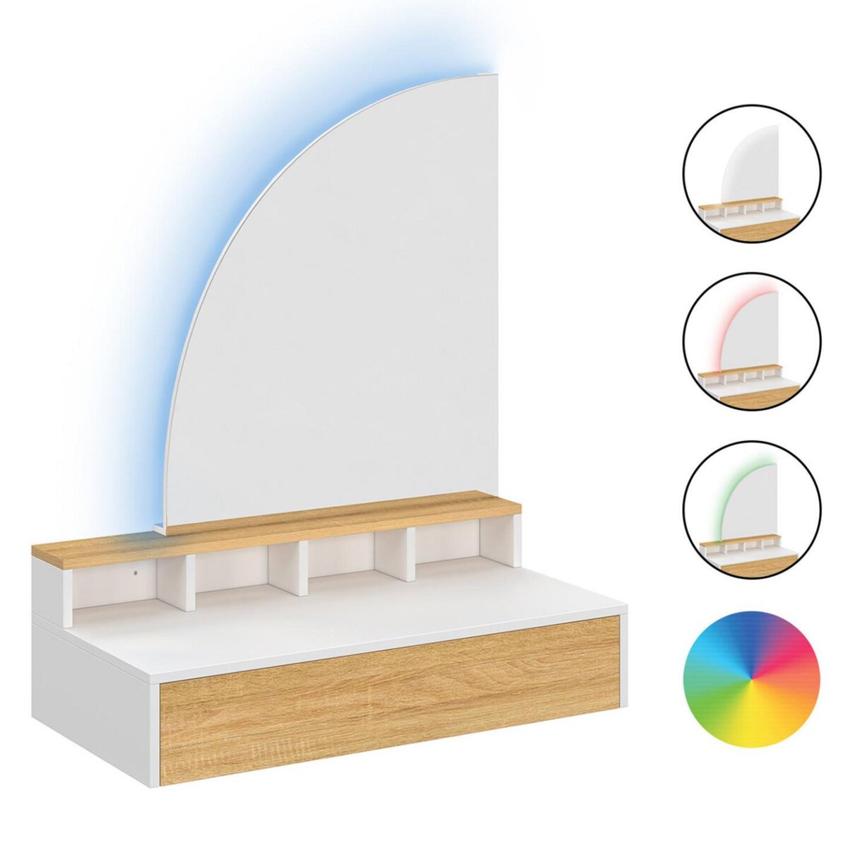 ID MARKET Coiffeuse suspendue ZELIA miroir LED avec 4 niches, 1 tiroir bois et blanc