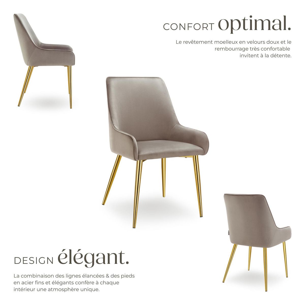 tectake Chaise rembourrée en velours rembourré taupe Lot de 4