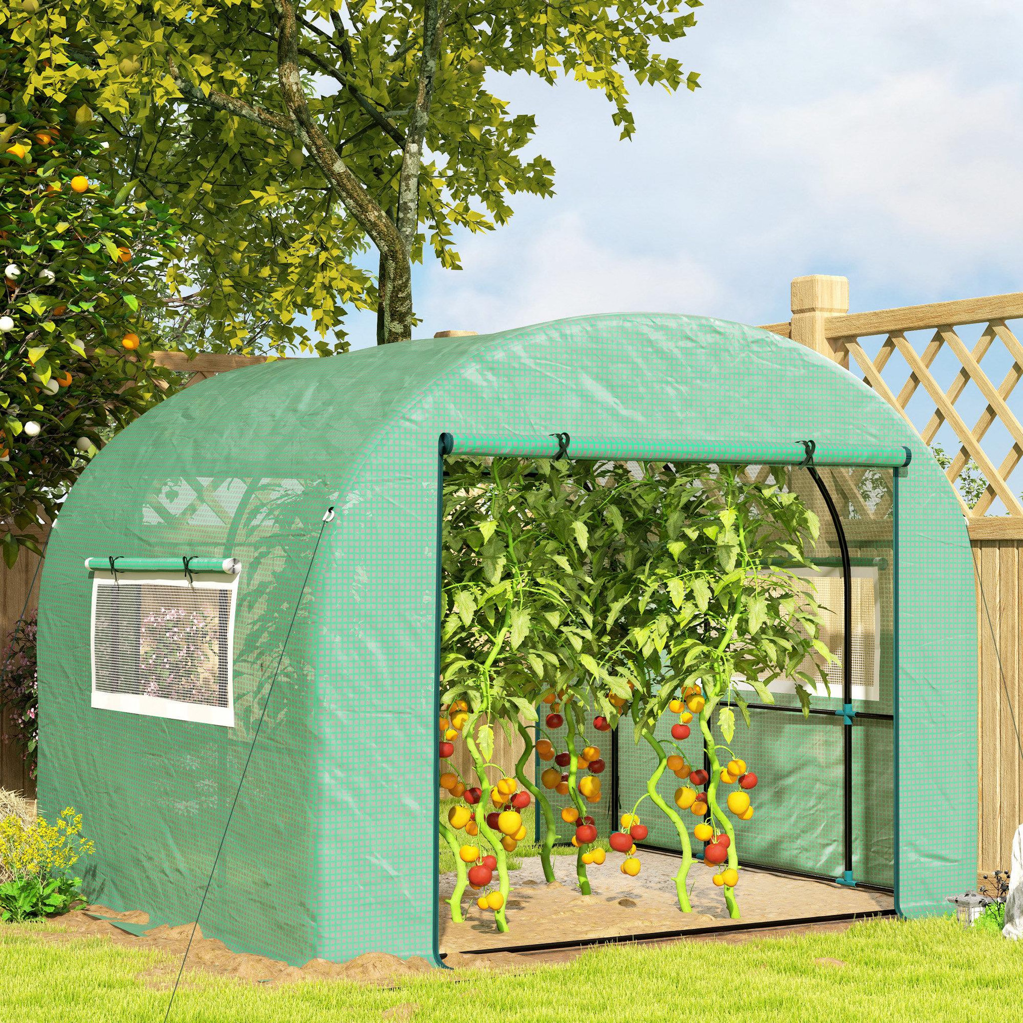 Voir la diapositive 2 : OUTSUNNY Serre tunnel 6 m² 2 portes zippées 2 fenêtres maillées acier pe haute densité 135 g/m² vert