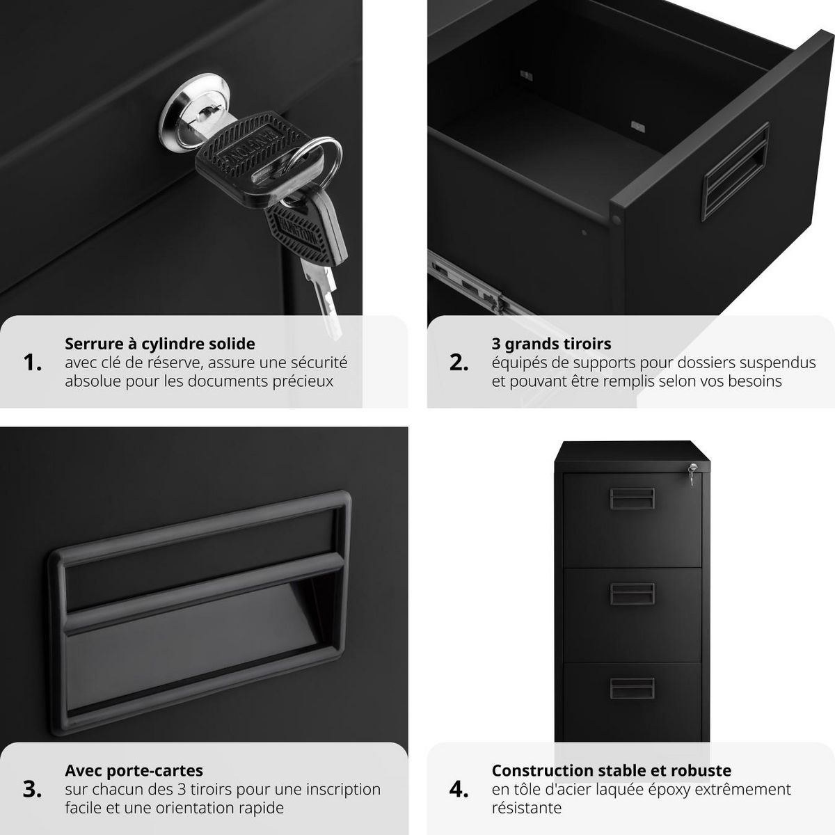 tectake Armoire de classement en métal en acier lâqué époxy noir