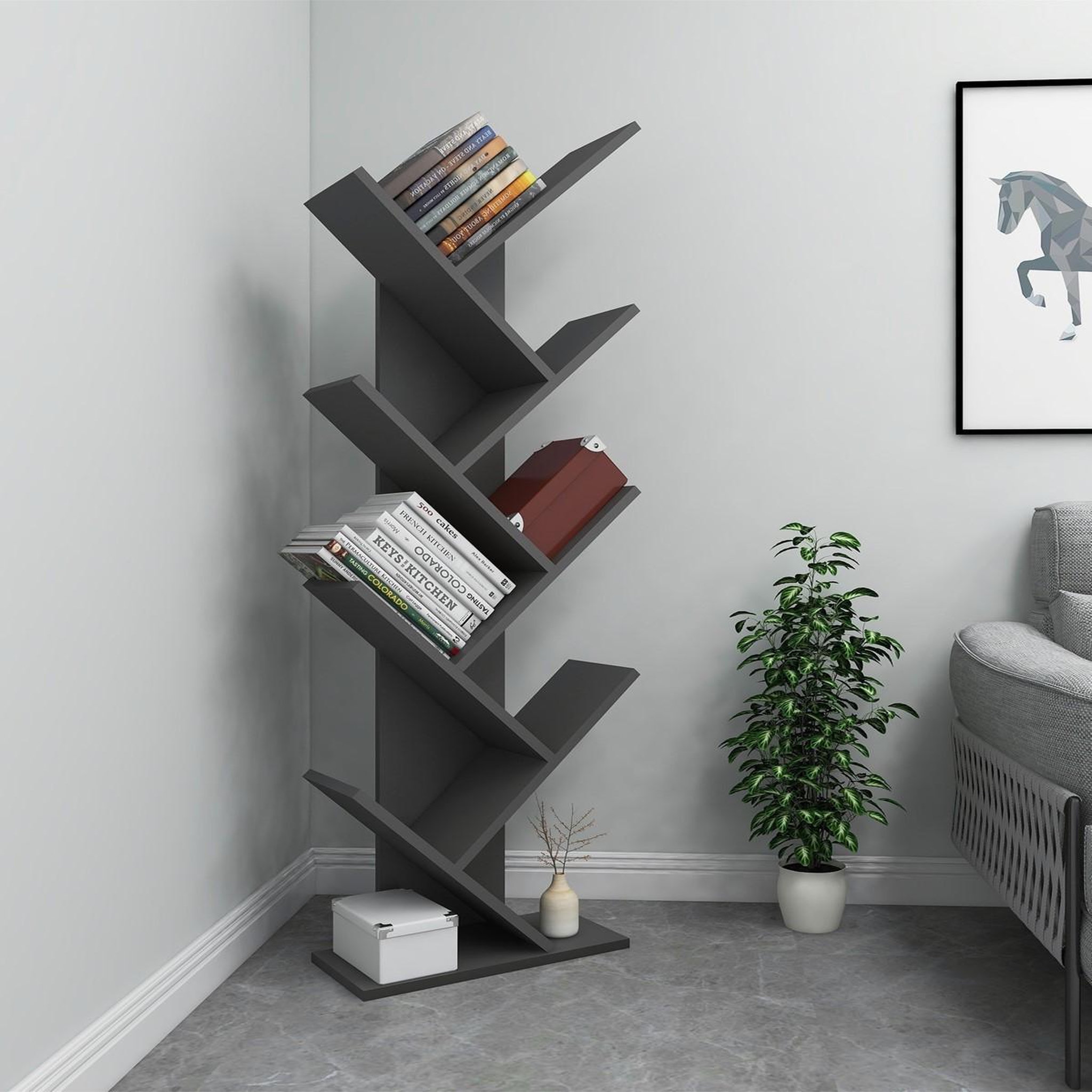 Voir la diapositive 4 : Habitat et Jardin Bibliothèque en bois  Hitit  - 46 x 22 x 128 cm - Gris anthracite