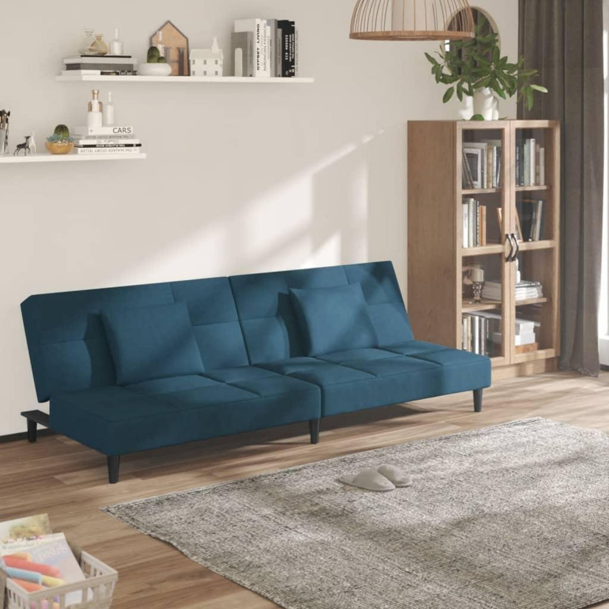 VIDAXL Canape-lit a 2 places avec deux oreillers bleu velours