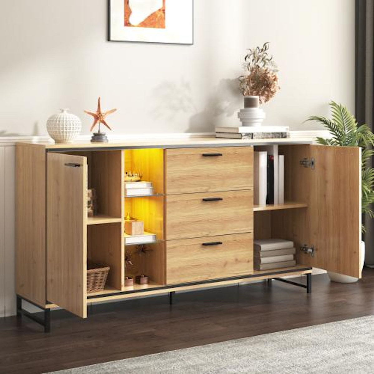 MERAX Buffet 2 porte(s) 3 tiroir(s) - 160 cm naturel led panneau de particules