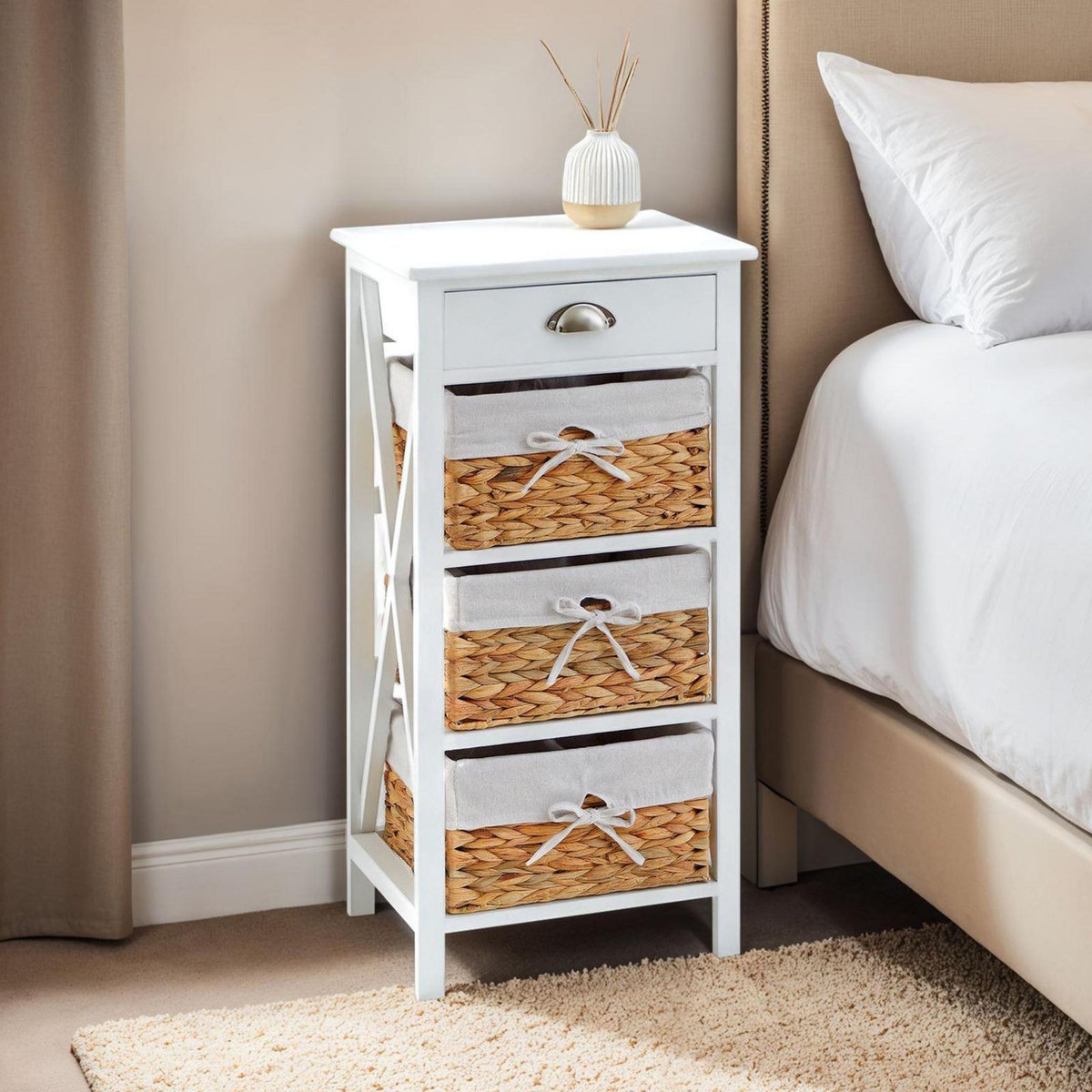 IDIMEX Table de chevet NUSCO avec 1 tiroir et 3 paniers, en bois lasuré