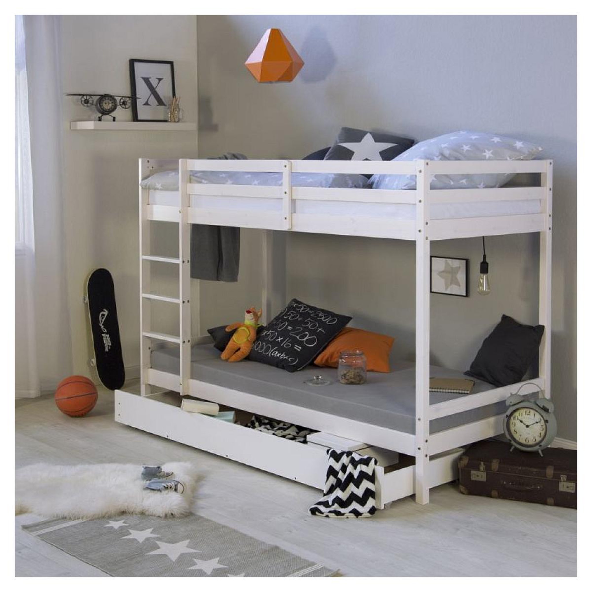 Voir la diapositive 2 : HomeStyle4U Lit blanc superposé avec matelas et tiroir 90x200