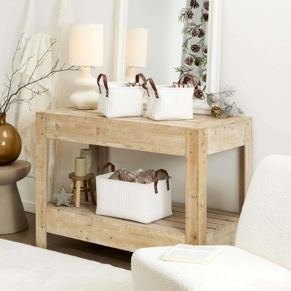 The Home Deco Factory Lot de 3 paniers de rangement en tissu côtelé - Blanc