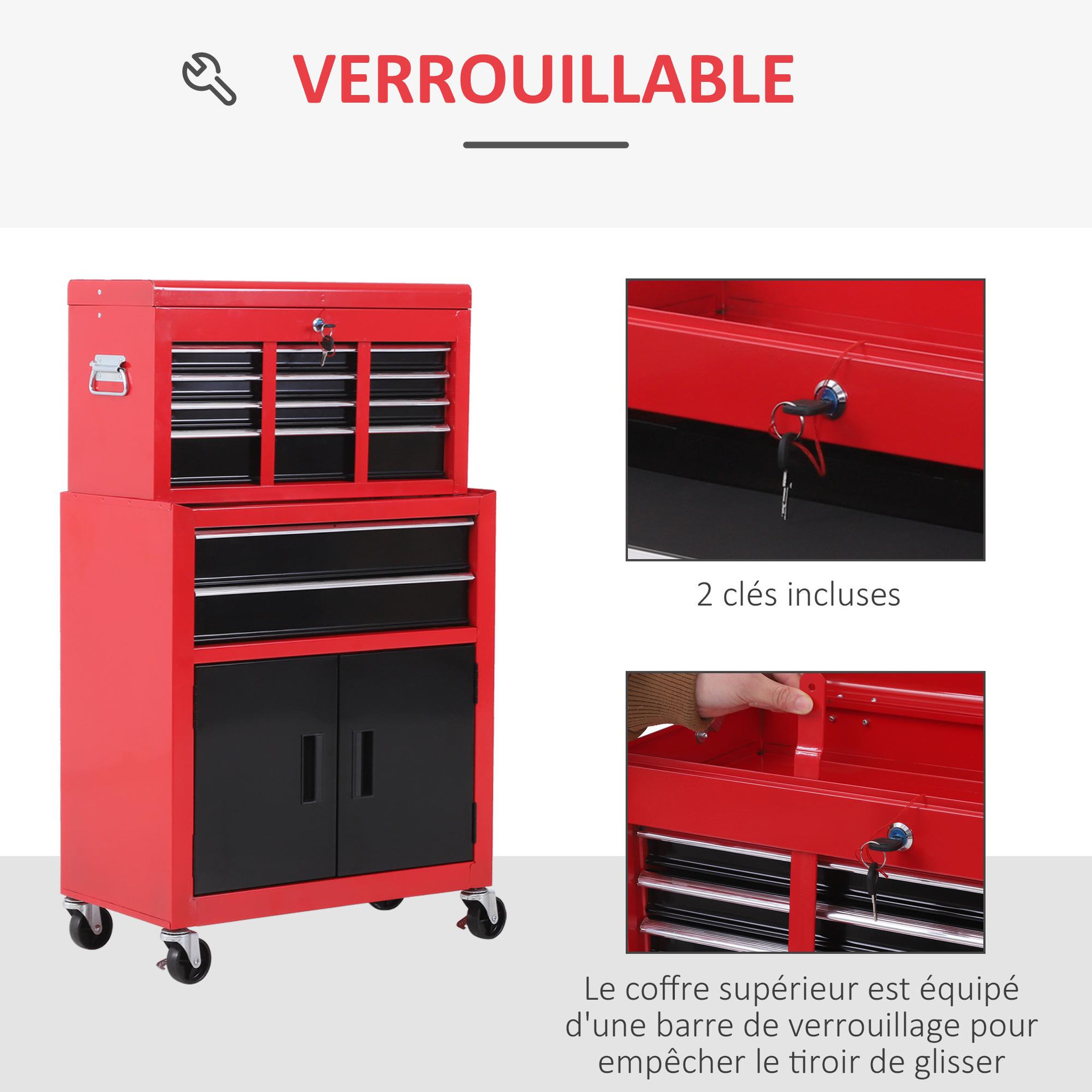 Voir la diapositive 6 : HOMCOM Servante d'atelier - caisse à outil 6 tiroirs + coffre amovible - chariot d'atelier tôle métal rouge noir
