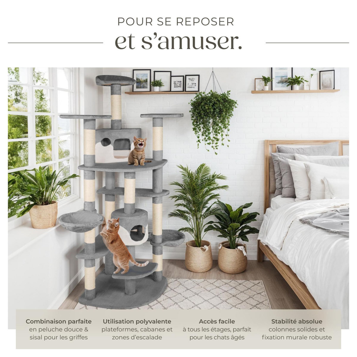 tectake Arbre à chat 204 cm avec griffoir et plateforme d'escalade gris/blanc
