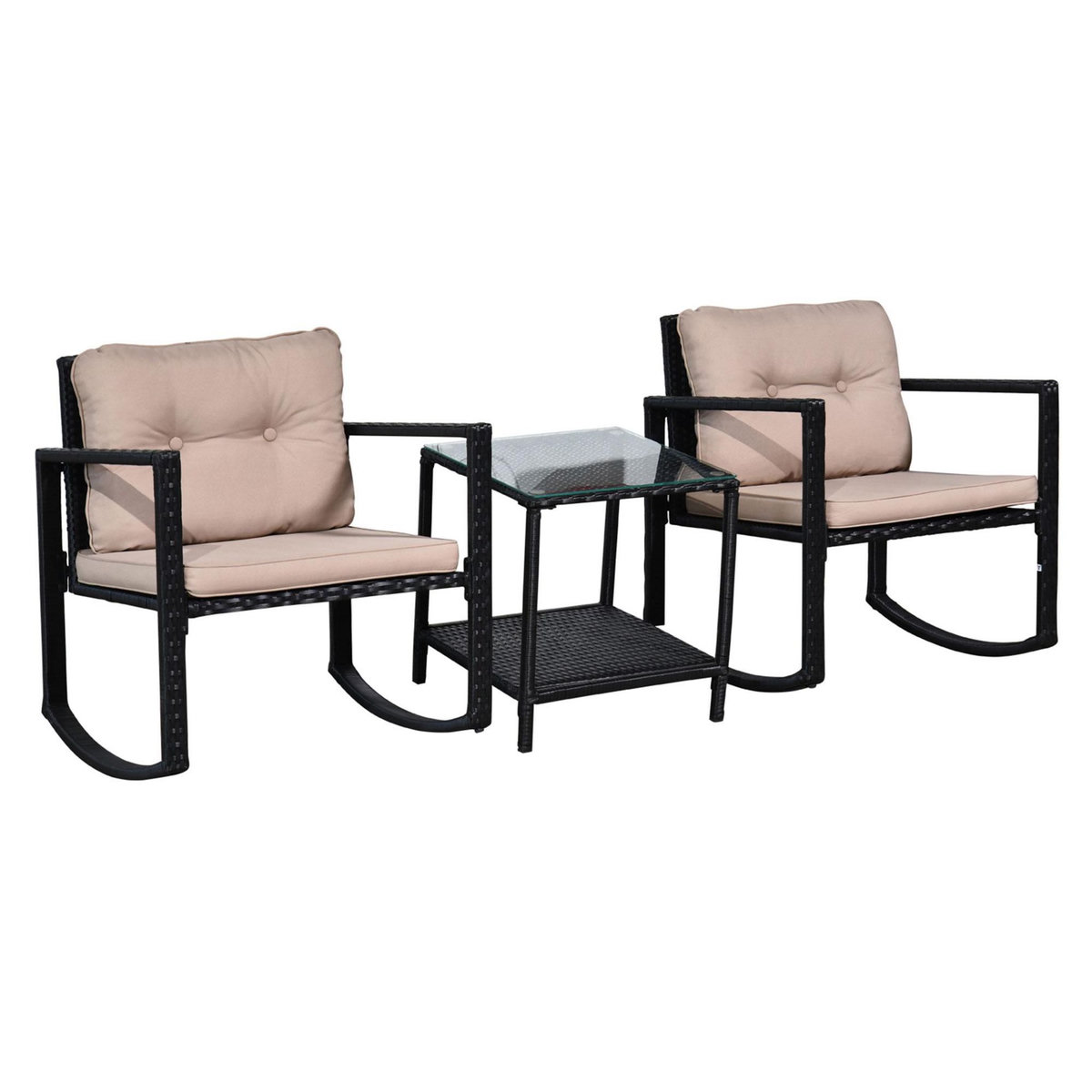 OUTSUNNY Ensemble de jardin 3 pièces style colonial 2 fauteuils à bascule avec coussins marron table basse étagère métal époxy résine tressée 4 fils noir
