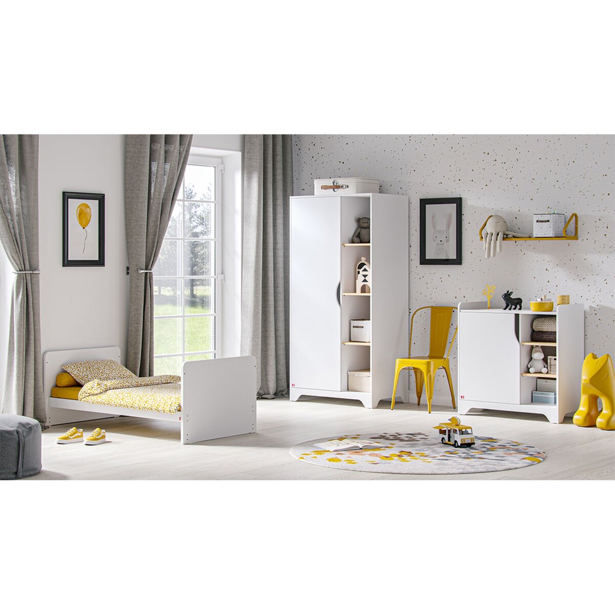 VOX Chambre complète lit évolutif 70x140 - commode à langer - armoire 1 porte Leaf - Blanc et bois