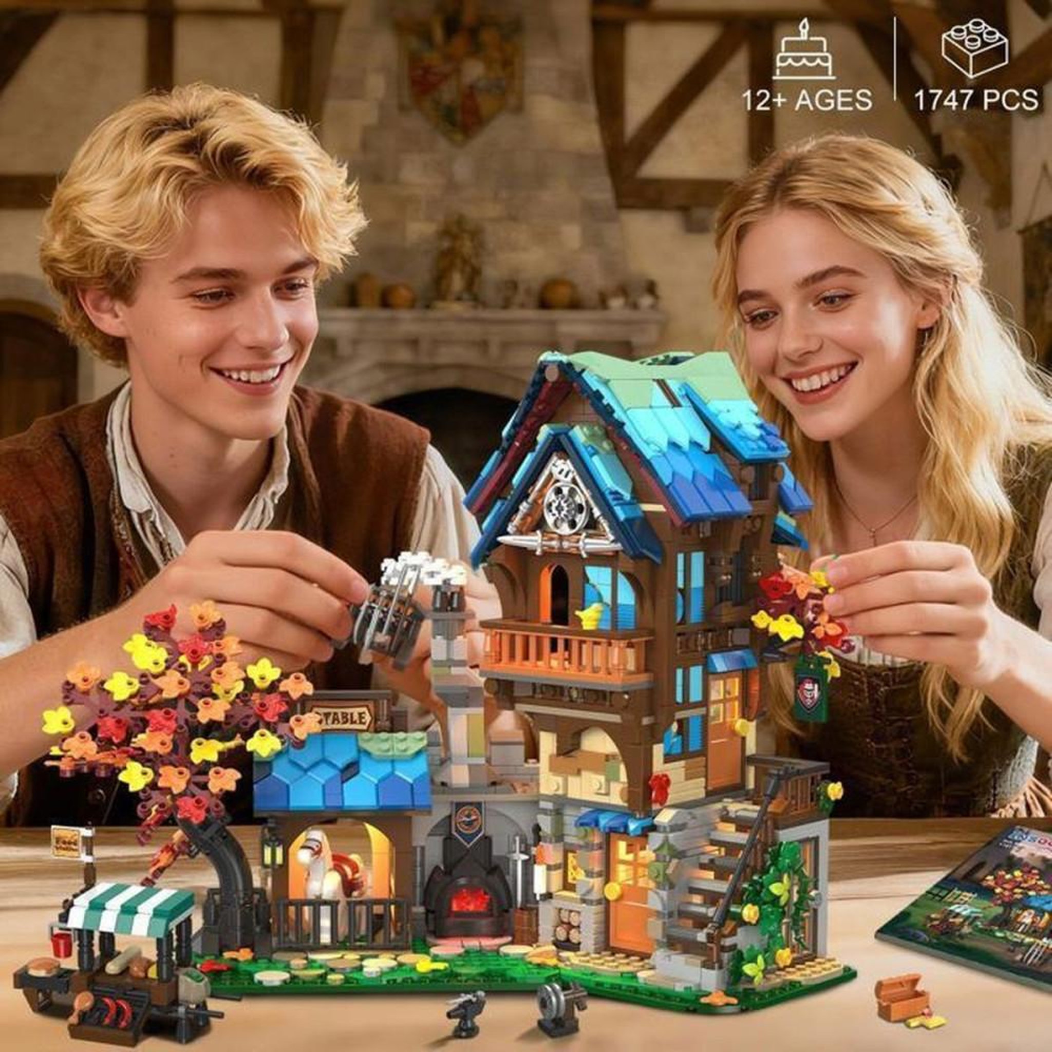 Voir la diapositive 3 : Coffret de construction médiéval INSOON 1747 pièces, avant-poste avec 4 LED, toit amovible et décors détaillés 12+