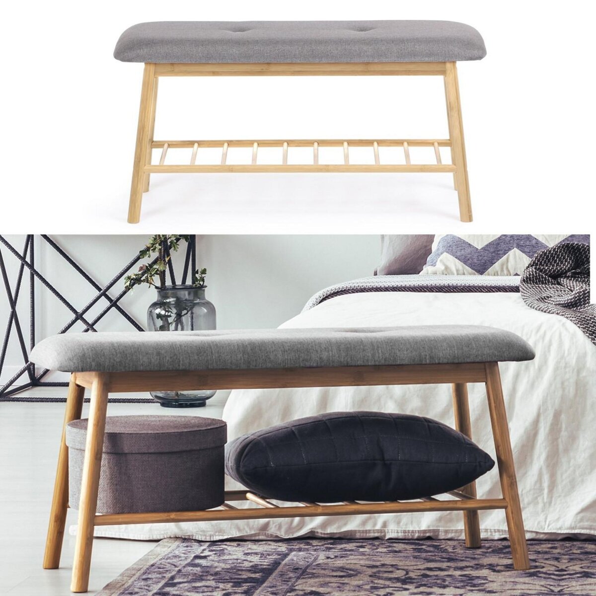 ID MARKET Banc d'entrée capitonné bambou RITA tissu gris clair