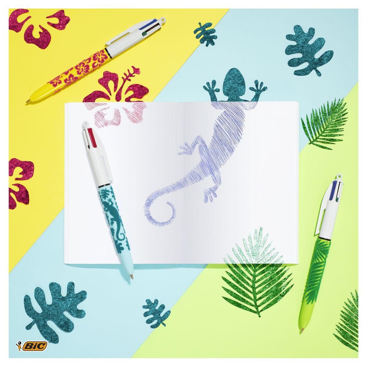 BIC Lot de 3 stylos bille 4 couleurs rétractable pointe moyenne Velours 1jaune/1bleu/1vert à motifs