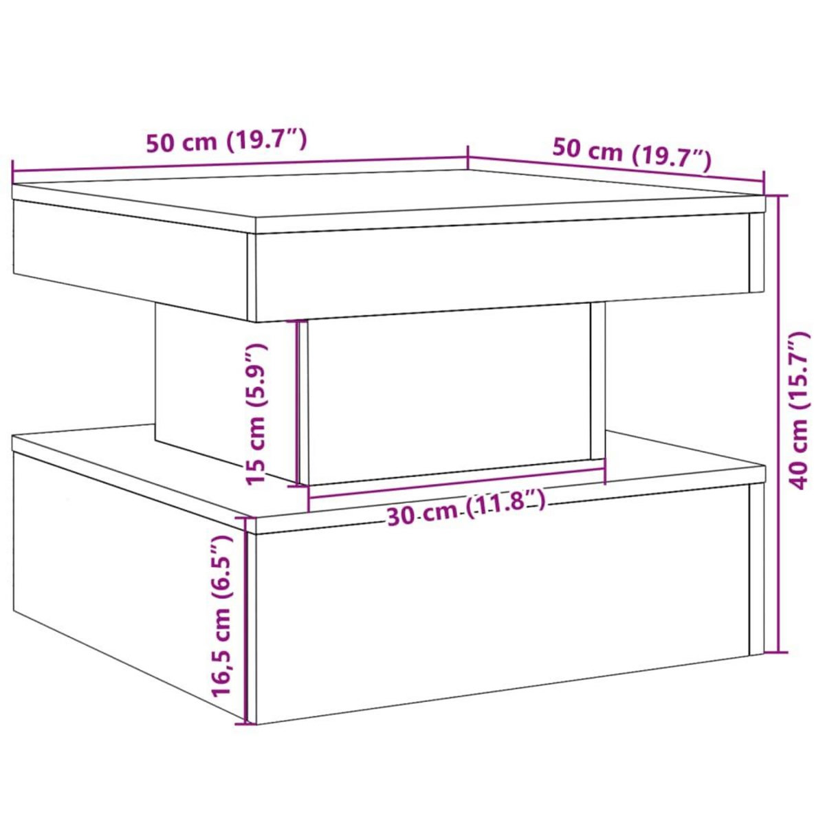 VIDAXL Table basse avec lumieres LED vieux bois 50x50x40 cm