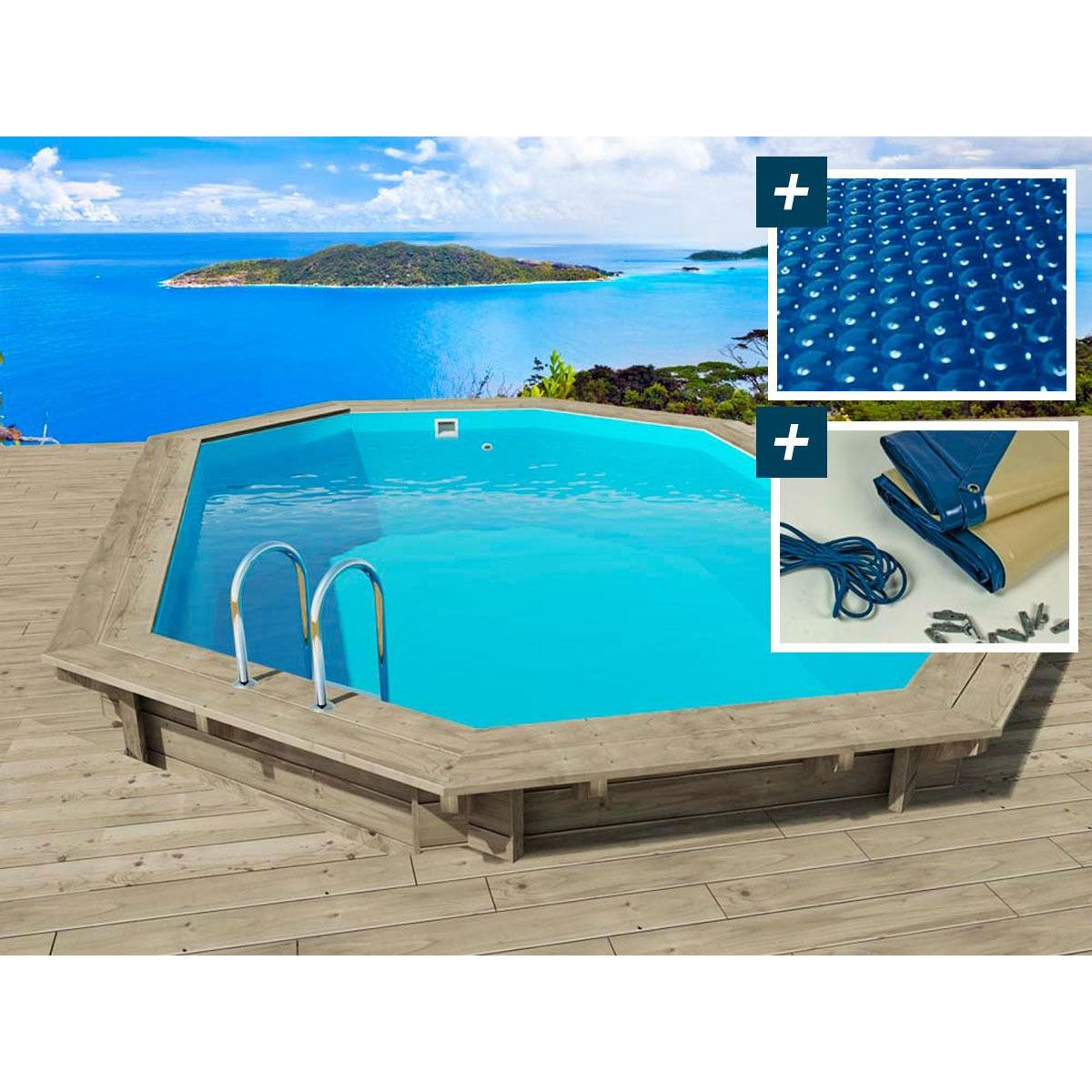 Habitat et Jardin Piscine bois   Florida 130   - 6.57 x 4.57 x 1.31 m +  Bâche à bulles 180 µ + Bâche hiver 280 gr/m²