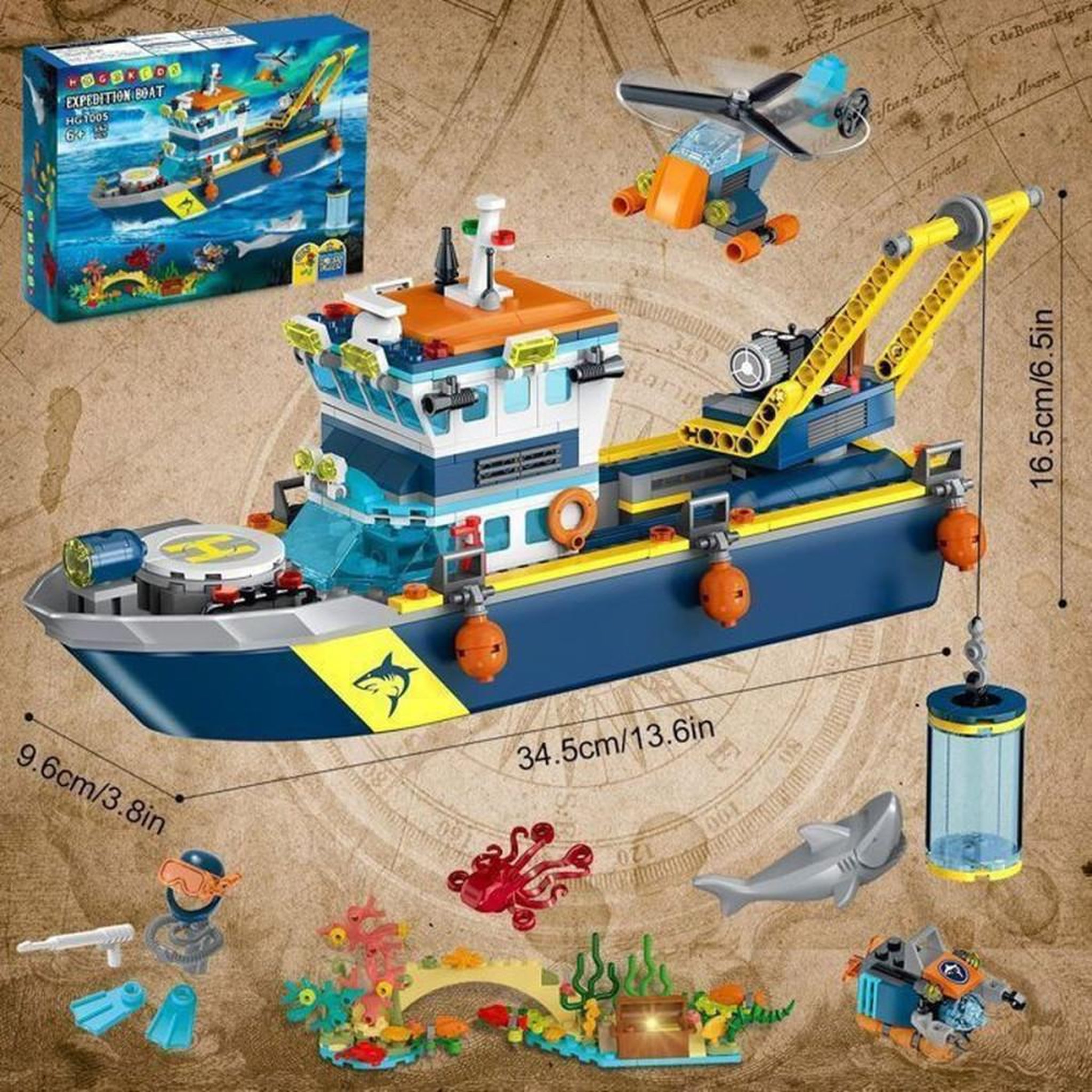 Voir la diapositive 6 : Ensemble de construction CD/LED HOGOKIDS Arctic Exploration : bateau d'exploration flottant, 542 pièces, grue, cage à requins, sous-marin et hélicoptère