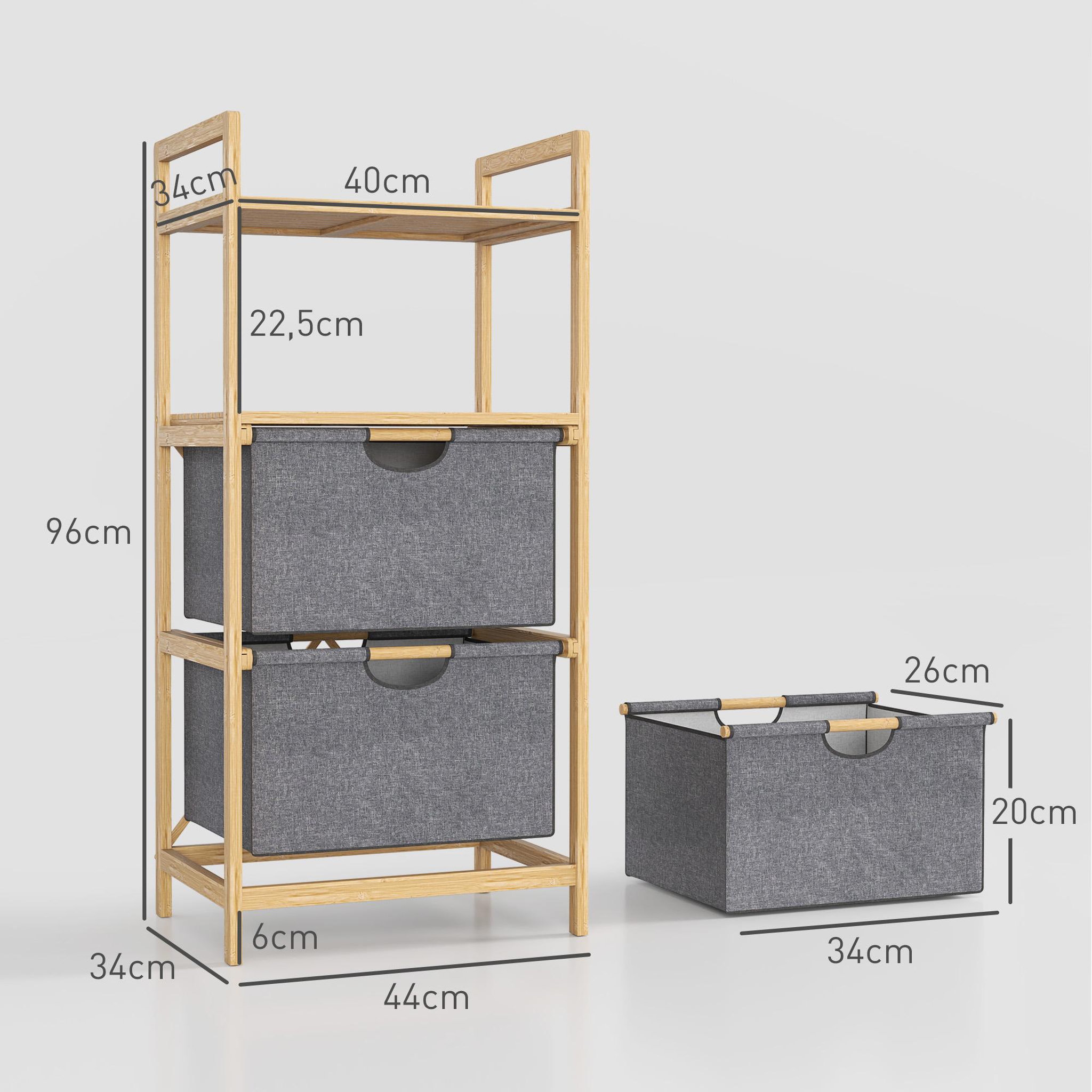 Voir la diapositive 3 : HOMCOM Panier à linge en bambou - panier à linge 2 bacs 2 étagères - panier à linge double - tissu gris