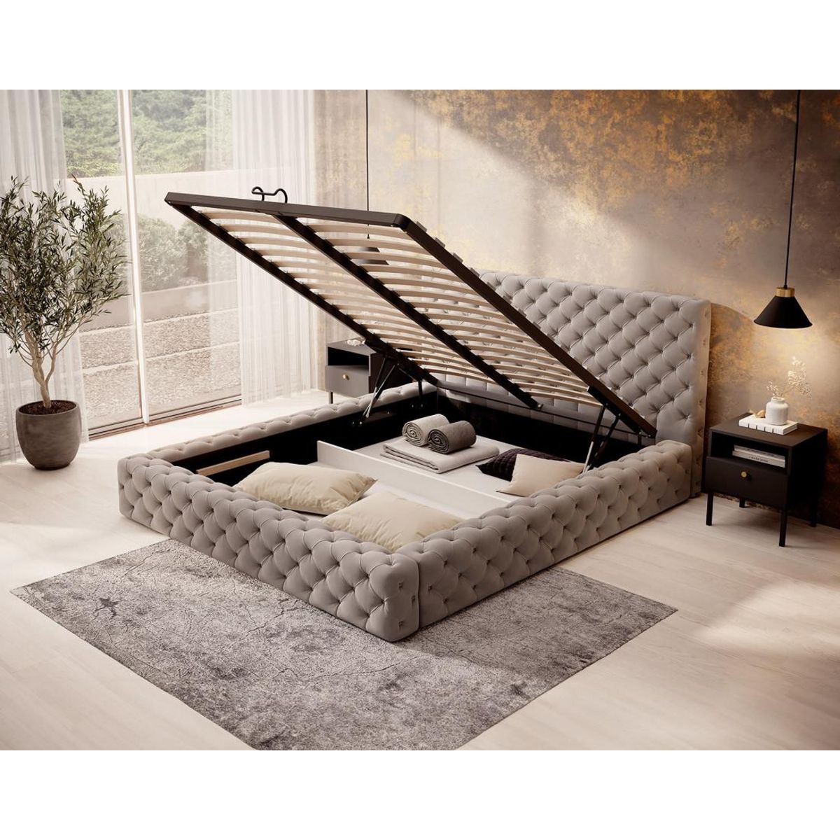 BEST MOBILIER Christiana - lit coffre - 160x200 - sommier inclus - en velours