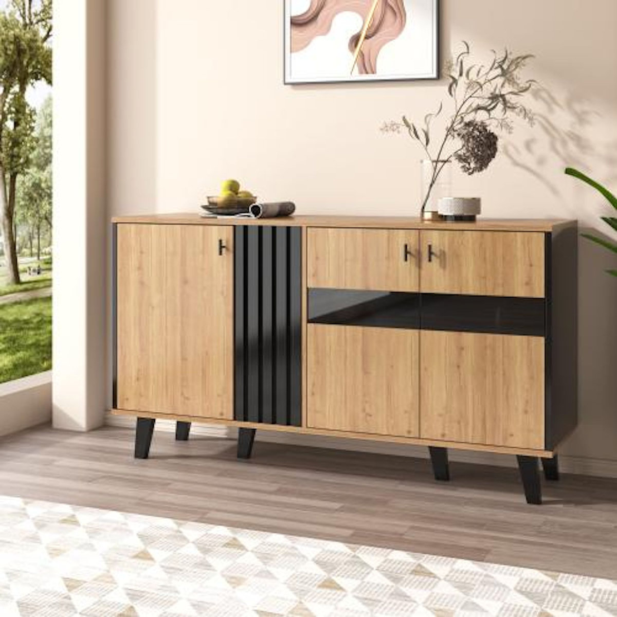 MERAX Buffet 3 porte(s) 0 tiroir(s) - 140 cm naturel led panneau de particules