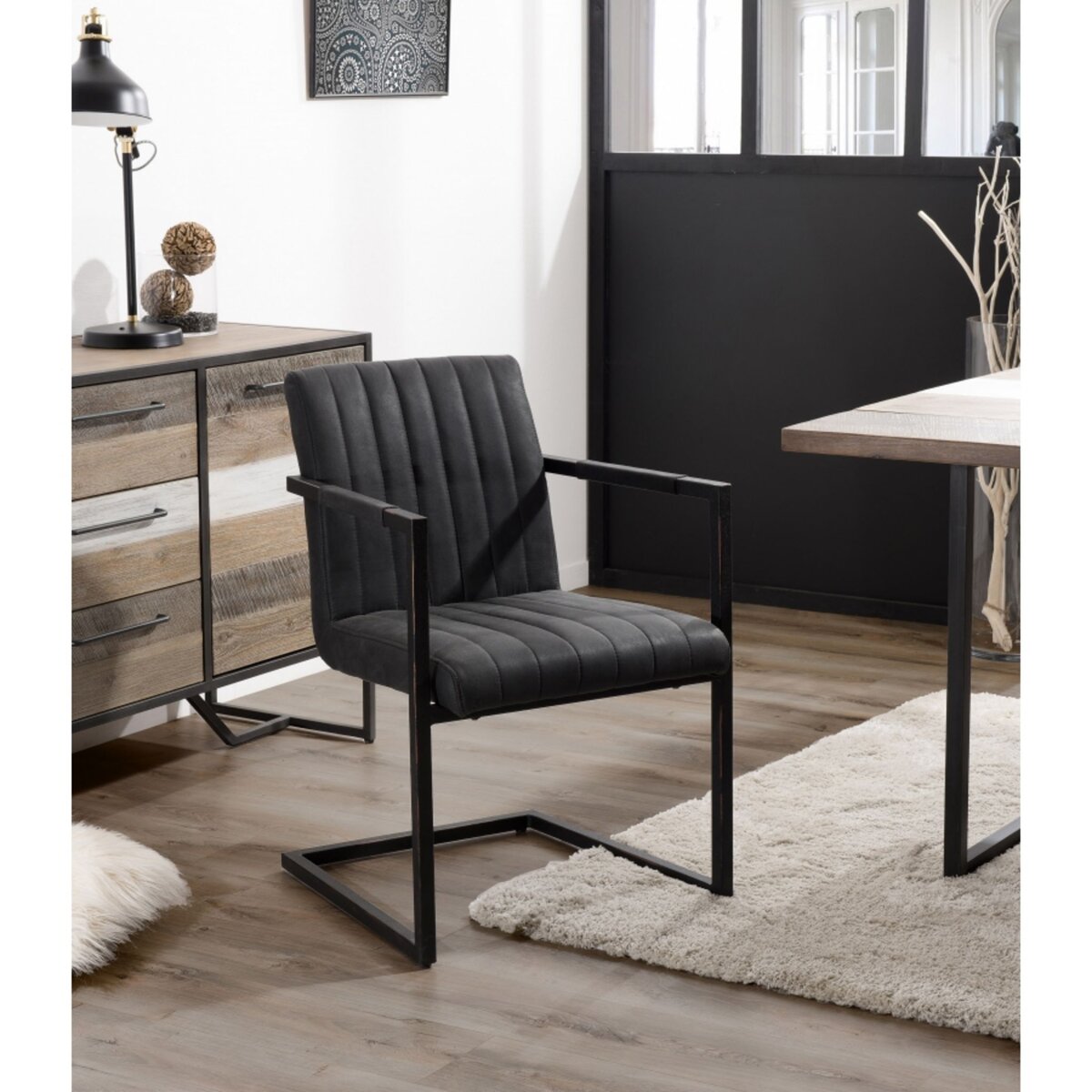 MACABANE ESTELLE - Lot de 2 fauteuils tissu gris anthracite pieds métal noir