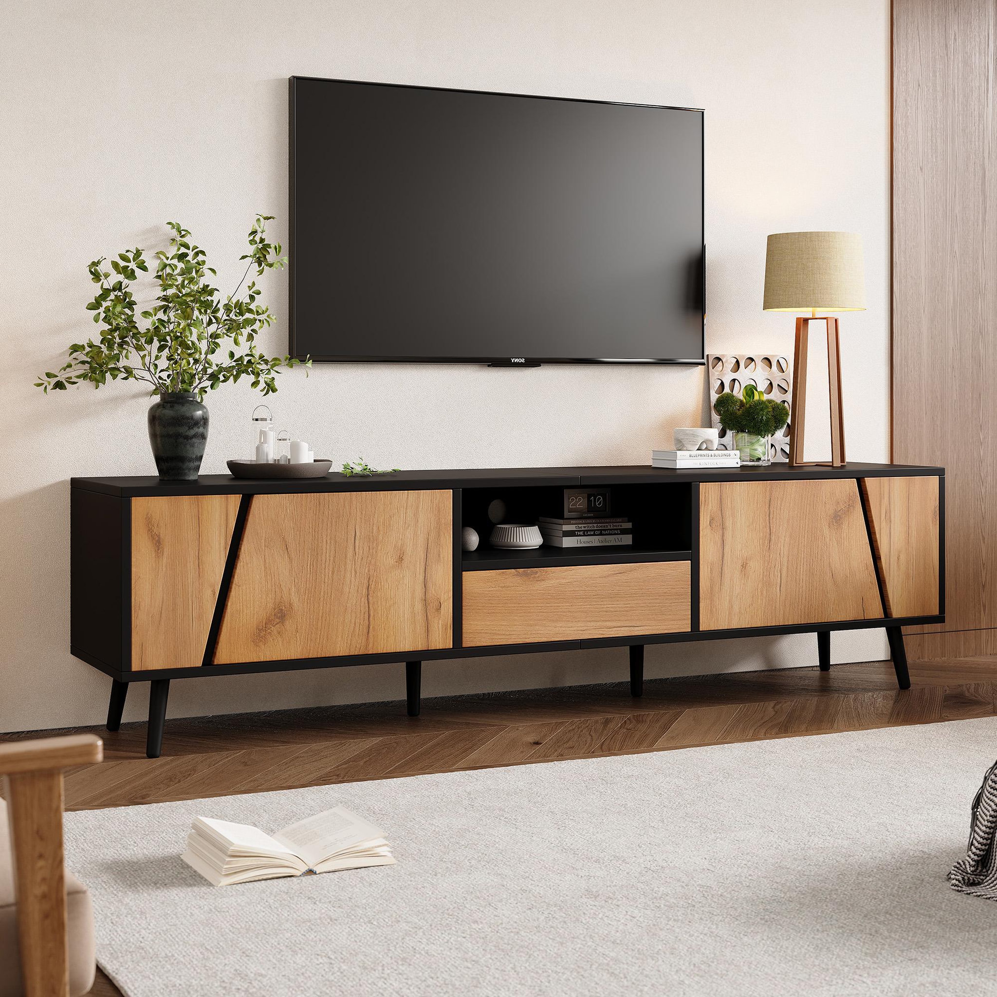 Voir la diapositive 4 : MERAX Meuble tv noir+naturel 180cm panneau de particules