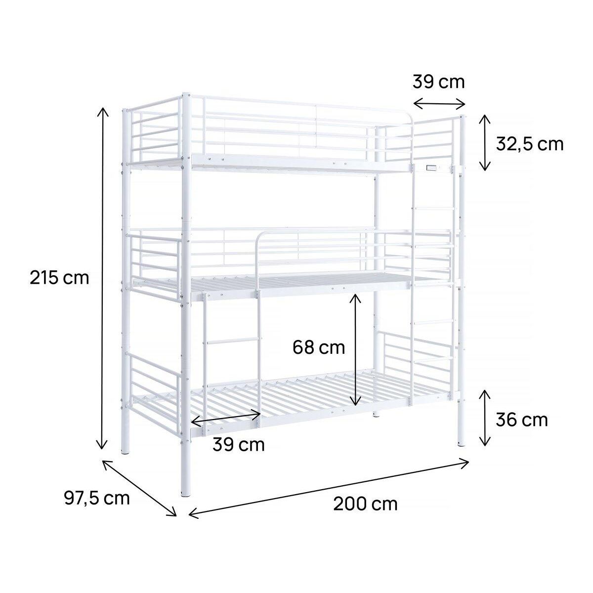 Habitat et Jardin Lit triple superposé metal  Havin  - 90 x 190 cm - Blanc