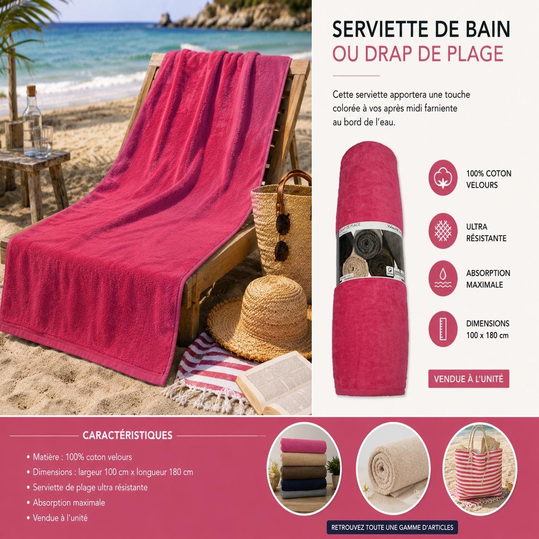 Voir la diapositive 4 : Eden Serviette drap de plage velours 100 x 180 cm uni rose