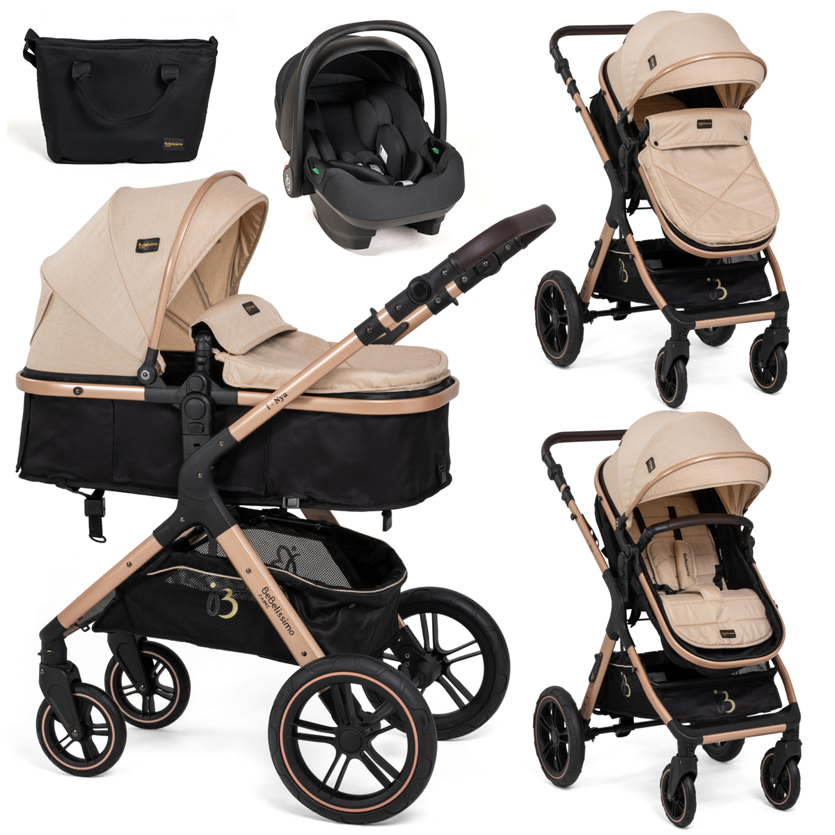 Bebelissimo - Poussette Combinée Trio 3 En 1 - Siège Auto 0m – Nacelle –  Dès La Naissance – Jusqu’à 22kg – Premium Beige