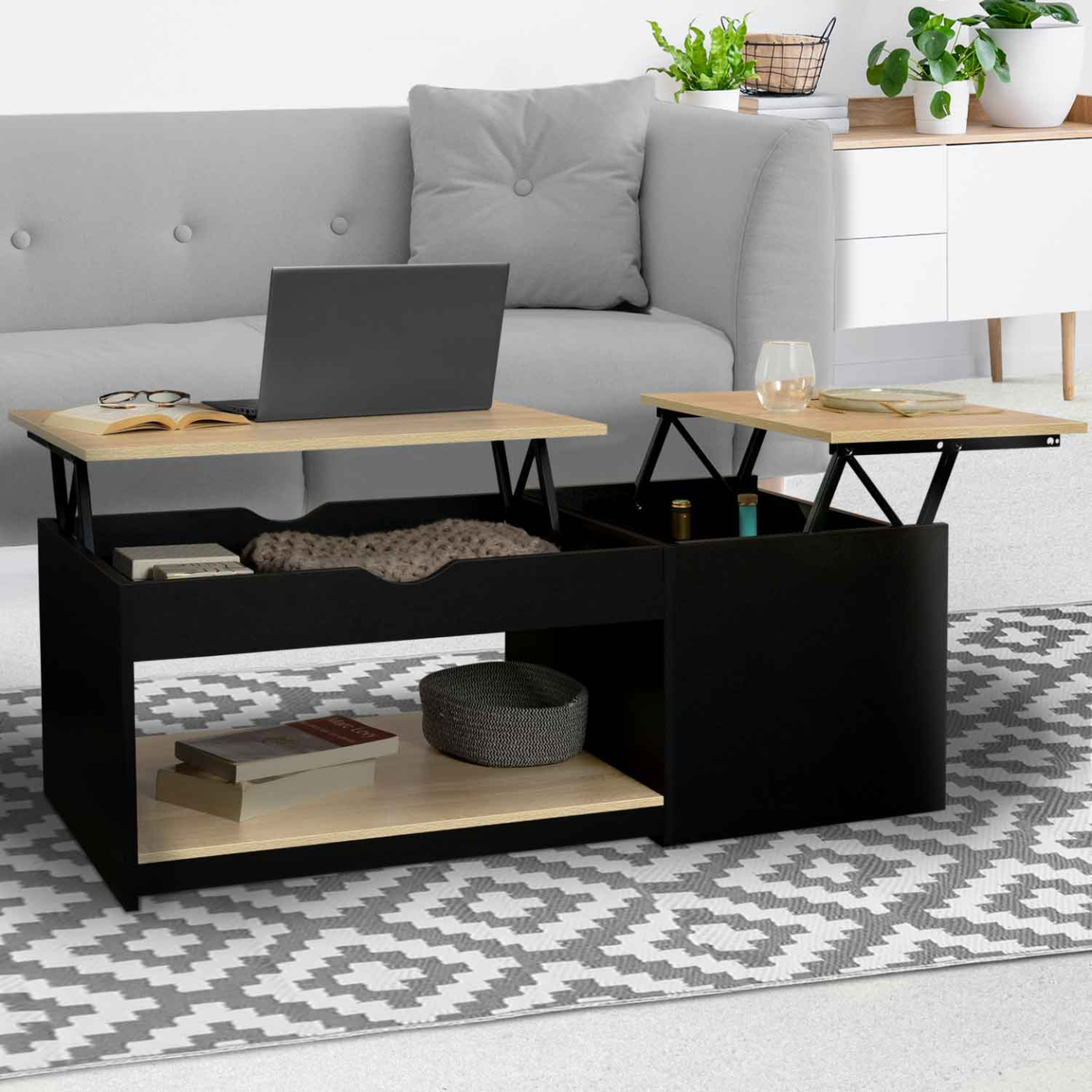 Voir la diapositive 2 : ID MARKET Table basse 2 plateaux relevables rectangulaire elea avec coffre bois noir et façon hêtre